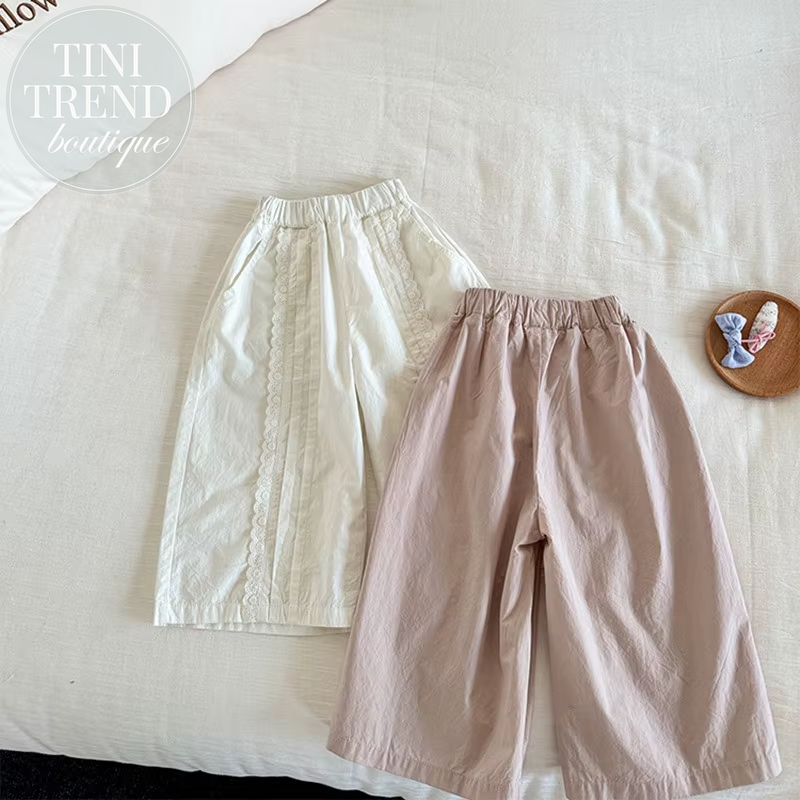 2024 Summer Kids Pure Cotton Straight Trousers Girls' Lace Patchwork Thin Wide Leg Pants