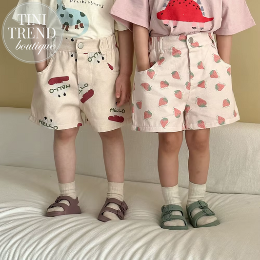 2025 New Summer Kids Cotton Shorts - Printed Loose Casual Boys Girls Pants with Strawberry Pattern