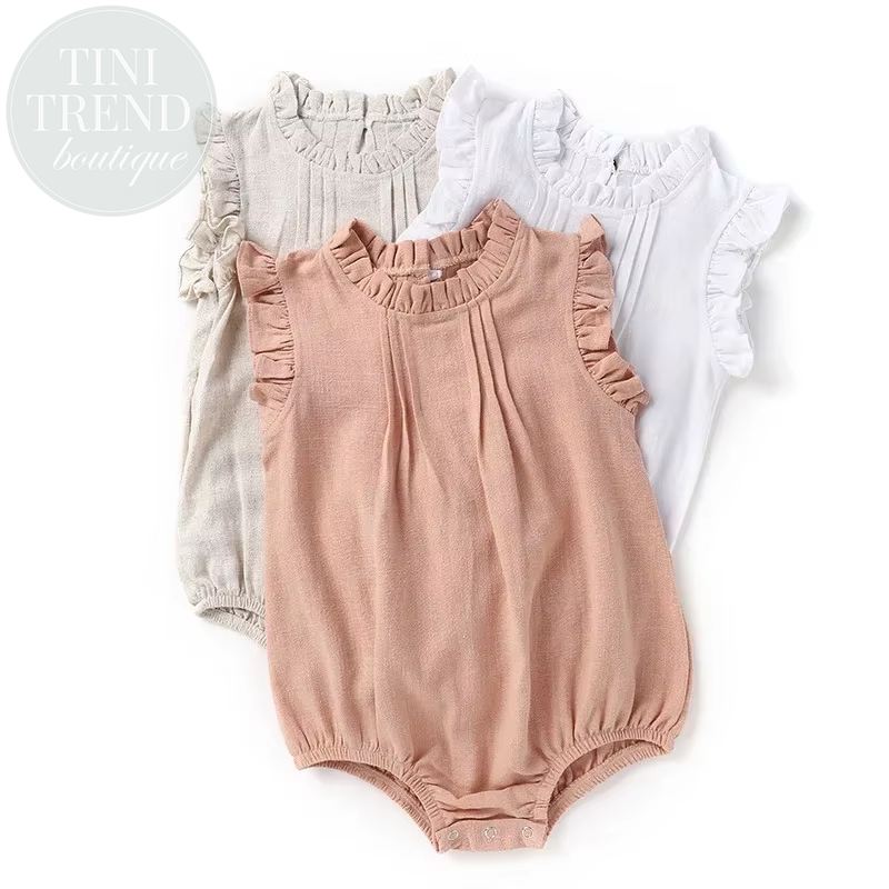 2024 New Summer Baby Bodysuit Infant Girls Solid Linen Breathable Jumpsuit Toddler Short Sleeve One Piece
