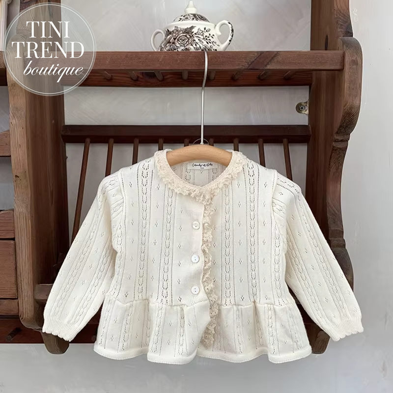 New Girls Kint Coat Baby New Sweet Princess Solid Color Cardigan Sunscreen Air-Conditioned Shirt Long Sleeve Knitted Hollow Coat