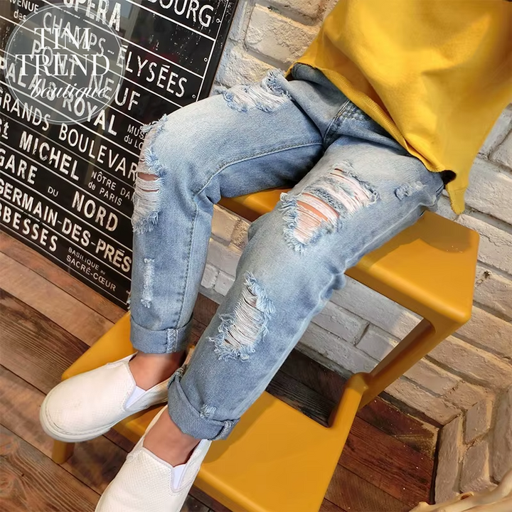 2024 New Fashion Multicolor Hole Little Girl Jeans Boy Spring and Summer Denim Casual Loose Cuffed Jeans Children Pants